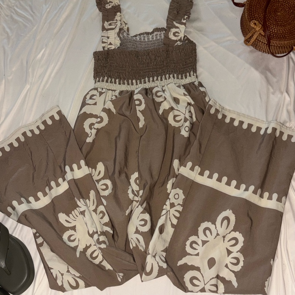 Jumpsuit Smocked Square Neck Wide-Leg tan& cream#beach#coquettegirl#lightweight - Picture 8 of 9